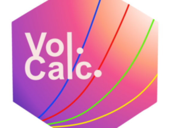volcalc hex logo.  Purple to white gradient with colored lines and the word "volcalc"